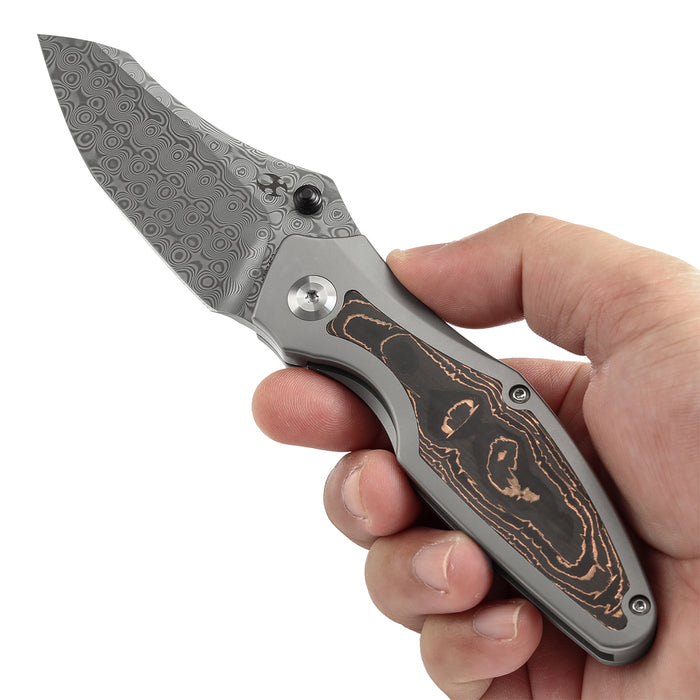 KANSEPT Baba Yaga Thumb Studs Bead Blasted Ti with Copper Carbon Fiber Inlay Handle (3.06''Damascus Blade ) Sparrow Knife Design -K1074C2