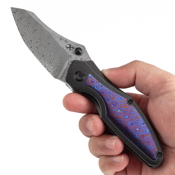 KANSEPT Baba Yaga Thumb Studs Blackwash Titanium with Timascus Inlay Handle (3.06''Damascus Blade ) Sparrow Knife Design -K1074A8