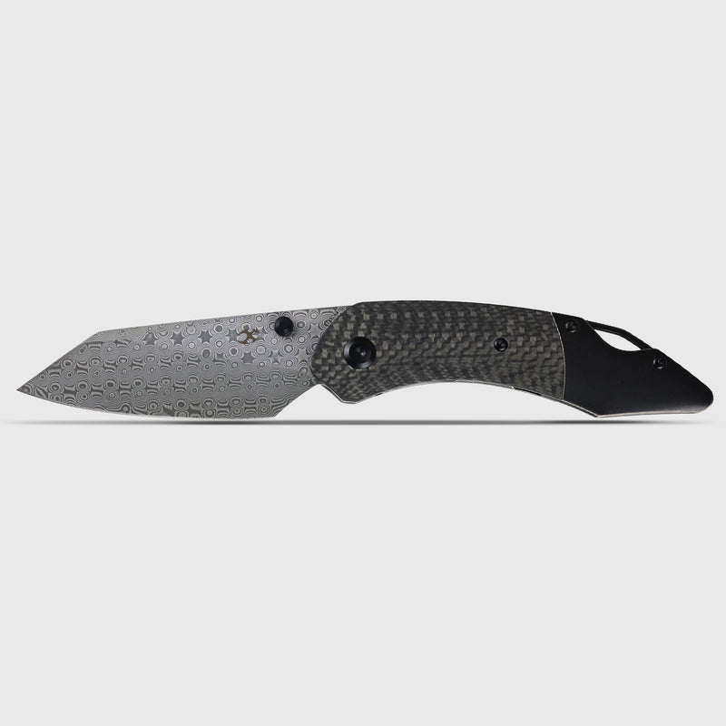 K9 | Bolster Liner Lock | Twill Carbon Fiber/G10 Laminate & Balckwash Titanium | 3.63" Damascus | Keanison Knives Design | K1151A4