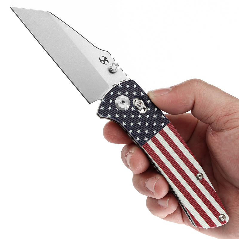 KANSEPT Main Street Thumb Studs/Crossbar Lock Knife Jade G10 with American Flag Handle(3.36''154CM Blade) Dirk Pinkerton Design-T1015V9