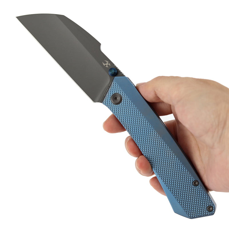 KANSEPT Contra | Thumb Stubs | Blue Anodized Titanium with Diamond Pattern | 3.25" S90V Blade | Nathan Contra Design | K1139A3