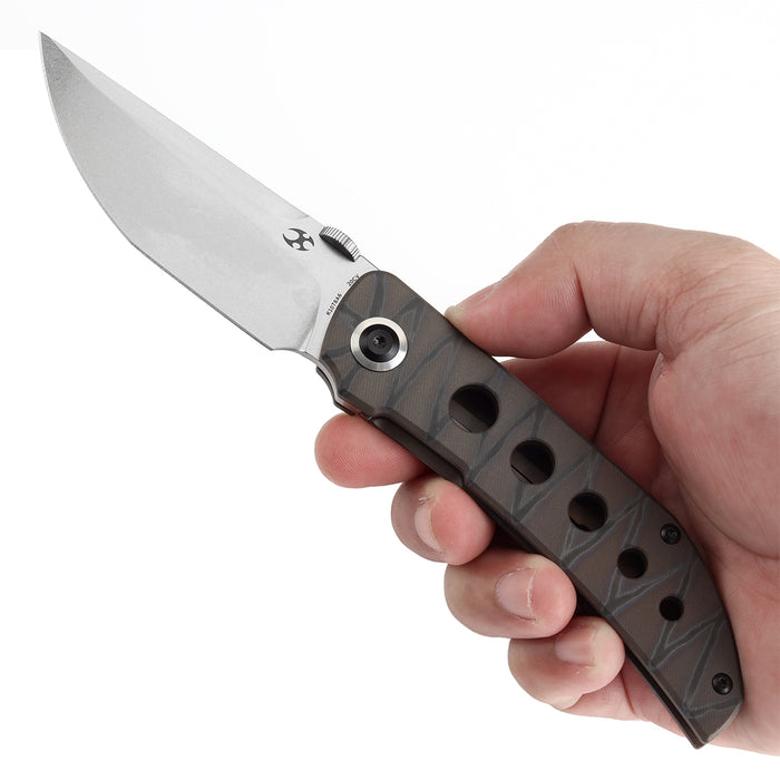 KANSEPT Tarkin Frame Lock Knife Tiger Stripe Flamed Titanium with Holes Handle (3.36'' 20CV Blade) Matthew Christensen Design - K1078A6