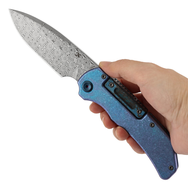 KANSEPT | Hazard | Bali Lock | Crystallized Titanium & Artic Storm Fatcarbon Handle | 3.63" Damascus | Steven Dunnuck Designed | K1104H5