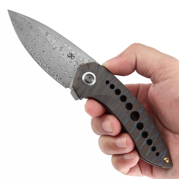 KANSEPT ODD 21 Front Flipper Titanium with Tiger Stripe Finish Handle (3.08'' Damascus Blade) Tuffknives Design -K1077A5