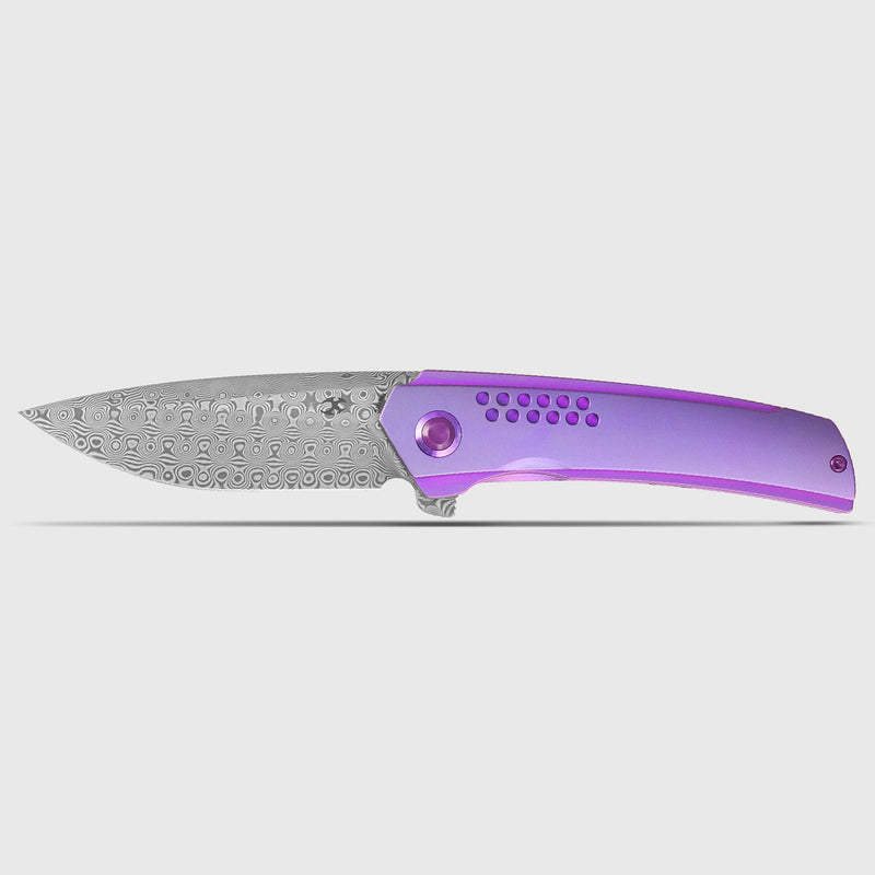 Tracer | Frame Lock | Purple Anodized Titanium | 3.46" Rose Pattern Damascus | Tuff Knives | K1115A3