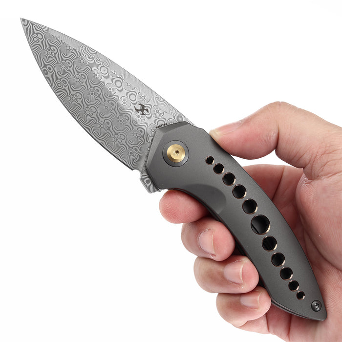 KANSEPT ODD 21 Front Flipper Grey Anodized Titanium with Bronze Holes Handle (3.08'' Damascus Blade) Tuffknives Design -K1077A2