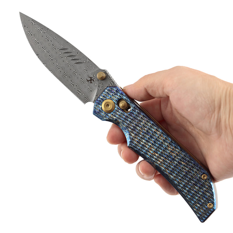 KANSEPT Eaglestrike Crossbar Lock Knife Lightning Strike Finish Titanium with Diamond Pattern Handle(3.73'' Damascus Blade) James Lowe Design-K1095V5