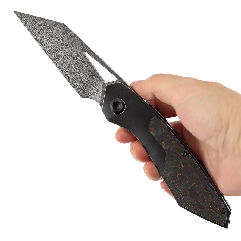 KANSEPT STRIP | Thumb Hole | 80S Camo Carbon Fiber+Blackwash Titanium | 3.4" Damascus Blade | RON STEELE DESIGN | K1113A4