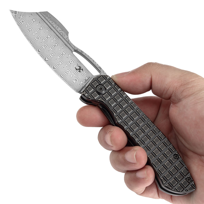 KANSEPT Cybin Thumb Hole Blackwash Titanium with Frag Pattern Handle (3.29''Damascus Blade ) Edgy Bladeworks Design -K1080A2