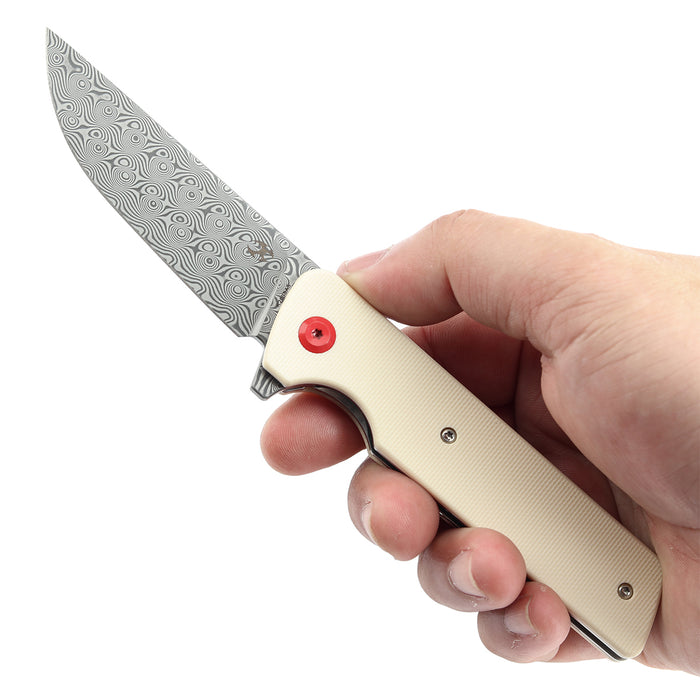 KANSEPT Anomaly Flipper Knife Ivory G10 Handle (3.14''Damascus Blade) Dirk Pinkerton-K2038A5