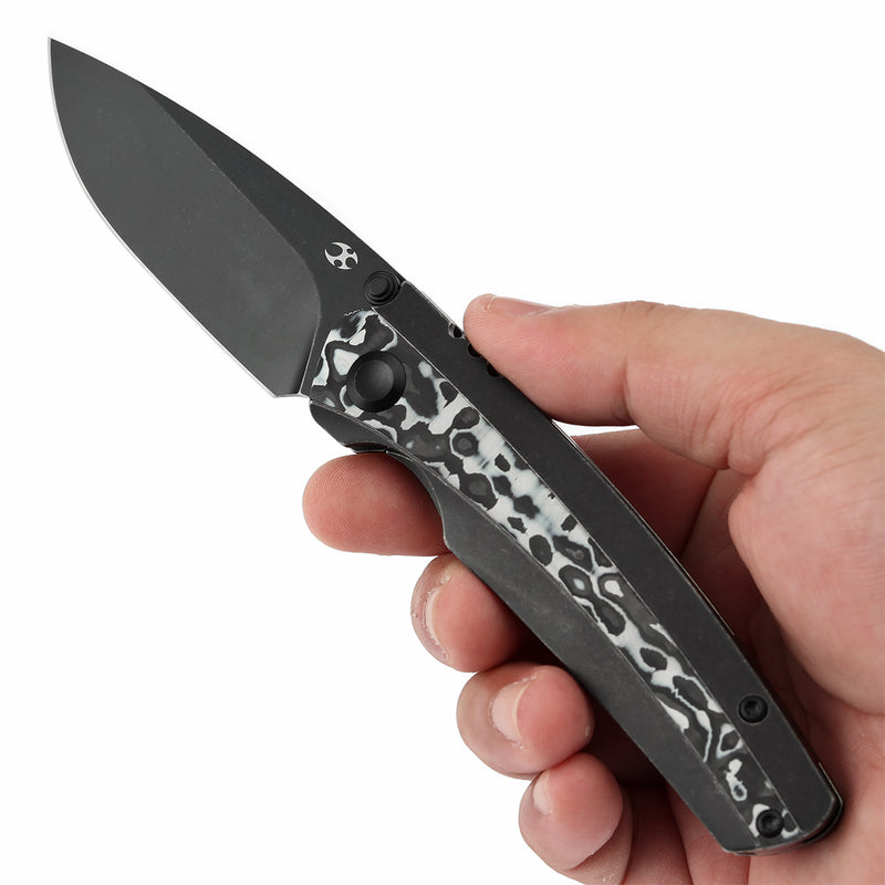 KANSEPT Thumb Stub Raven Blackwash Titanium, Black and White Nebula Carbon Fiber(3.13" CPM 20CV Blade) with Black Bird Blades Design-K2109A1