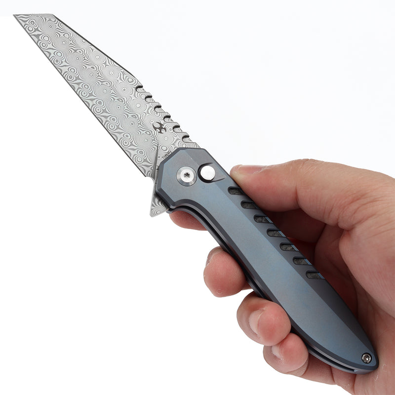 KANSEPT Kosame Button Lock Blue Anodized Titanium with Shred Carbon FIber Inlay (3.37" Damascus Blade) with EI Spade Design-T1093F1