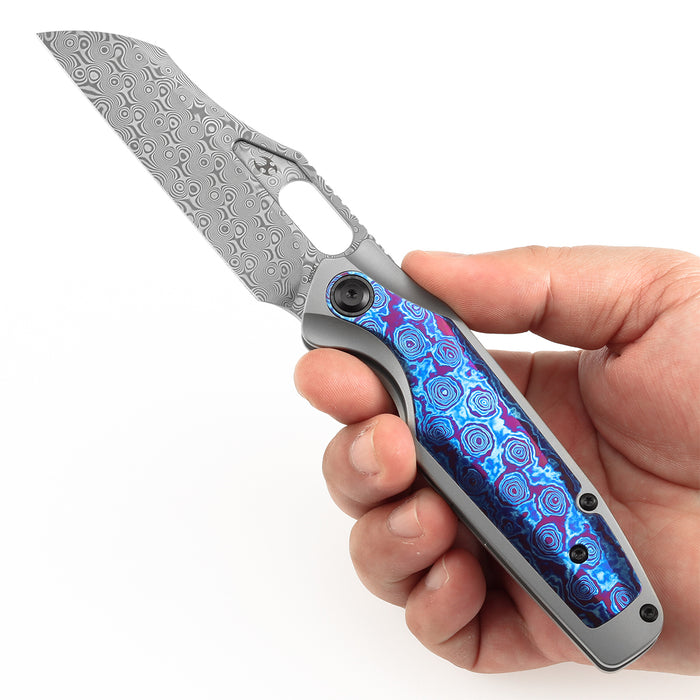 KANSEPT Tuckamore Thumb Hole Knife Titanium and Timascus Handle (3.54" Damascus Blade) with Timascus Clip -K1052A7