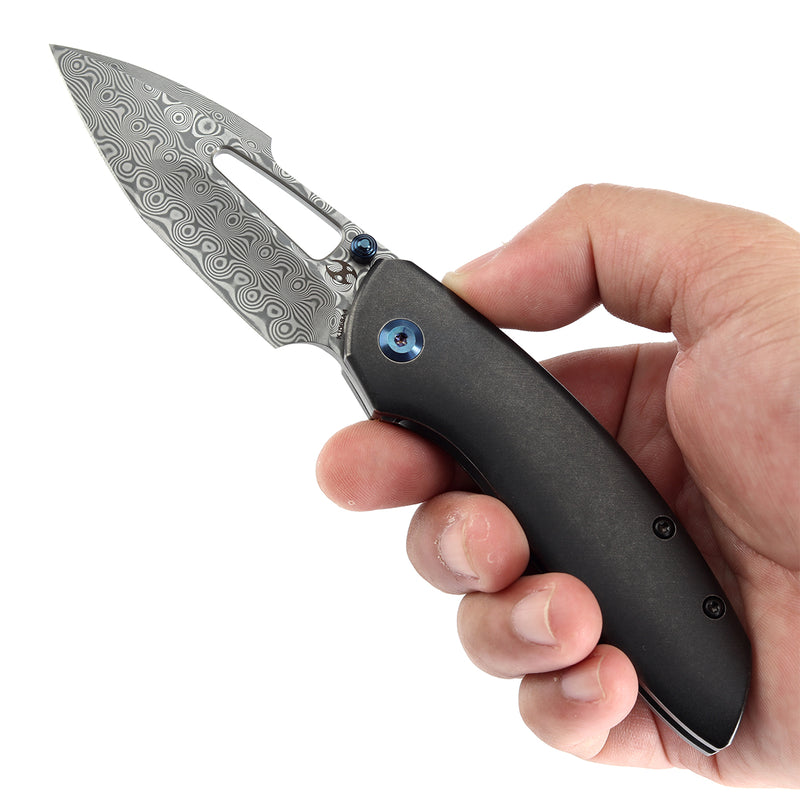 KANSEPT Link Thumb Studs Blackwash Titanium Handle with Timascus Clip (3.0''Damascus Blade )Johnathan Shaw Design-K1068A4