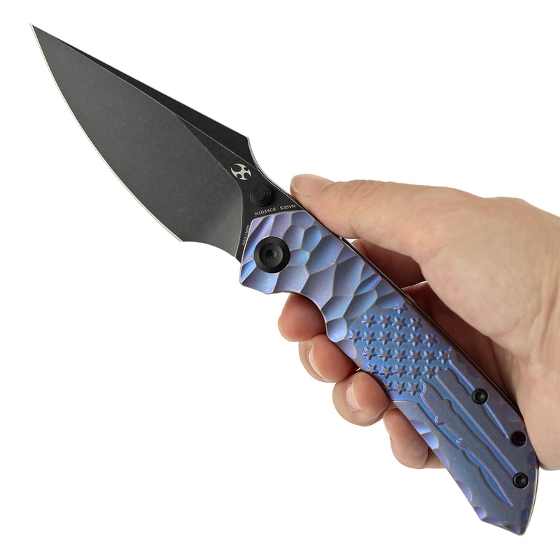 [Preorder-Ship by June 25th] Kansept Exclusive Fenrir  | Frame Lock | Purple Anodized Titanium with CNC-machined American Flag Pattern | 3.48'' CPM S35VN Blade | Sparrow Knife Design | K1034C6