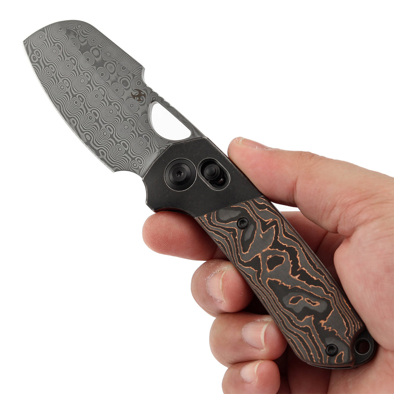 KANSEPT Nahual Crossbar Lock Knife Blackwash Titanium with Copper Carbon Fiber Handle(2.95" Damascus Blade)Javier Garcia Design-K2125V3
