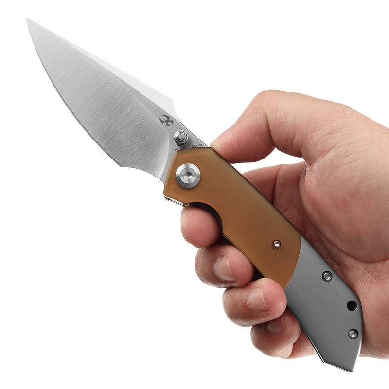 KANSEPT Fenrir Front Flipper/Thumb Stud Knife Plain Titanium + Amber PEI/Ultem Handle (3.48''CPM S35VN Blade) Greg Schob Design -K1034P1