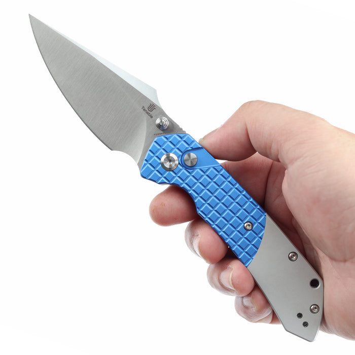 Estimated Released in November
- Fenrir Button Lock Knife Blue Anodized Aluminium+Plain Aluminium Handle (3.44''14C28N Blade) Greg Schob Design - T1034S1