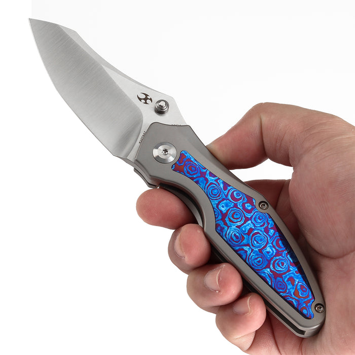 KANSEPT Baba Yaga Thumb Studs Bead Blasted Titanium with Timascus Inlay Handle (3.06''CPM 20CV Blade ) Sparrow Knife Design -K1074A7