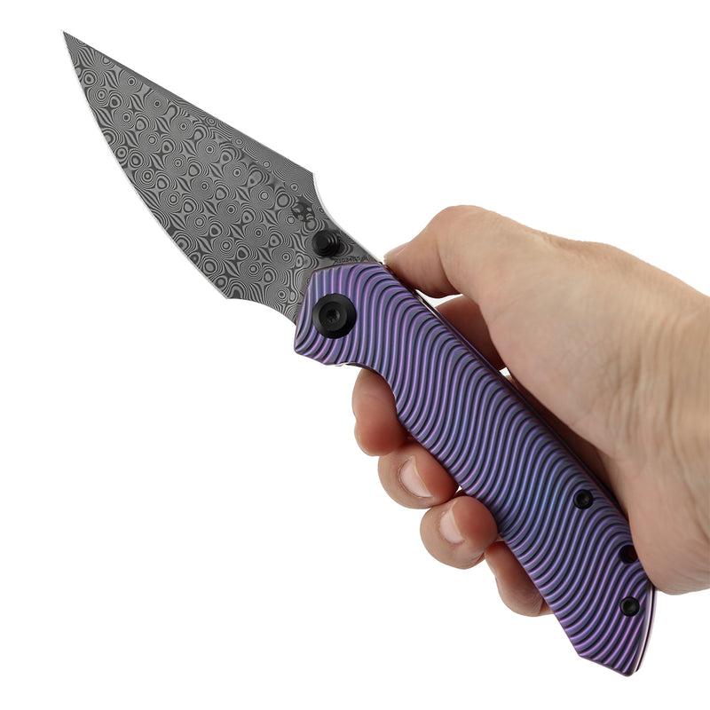 Kansept Fenrir  | Frame Lock | Purple Anodized Titanium with Micro Milled Water Ripple Texture | 3.48'' Damascus Blade | Sparrow Knife Design | K1034C5