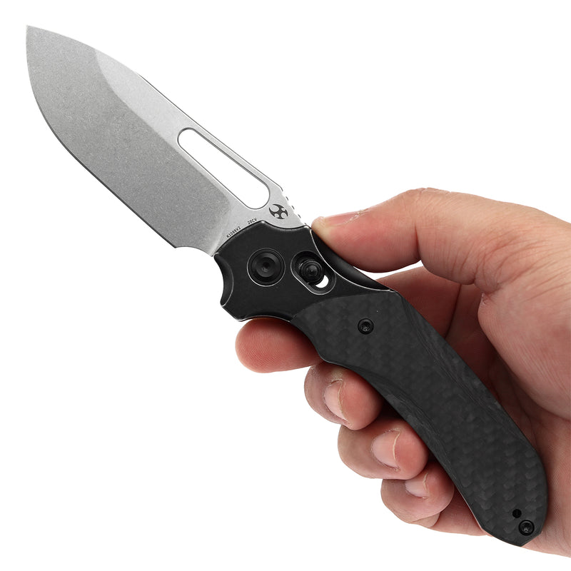 KANSEPT Quasar Cross Bar Lock Blackwash Titanium and Twill Carbon Fiber Handle (3.38" CPM 20CV Blade) with Munko Knives Design-K1099V2