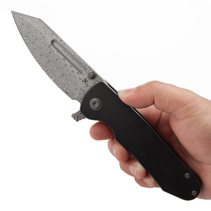 KANSEPT Superhawk Flipper Knife Blackwash Titanium Handle(3.89''Damascus Blade) Warhawk Knives Design-K1084A3