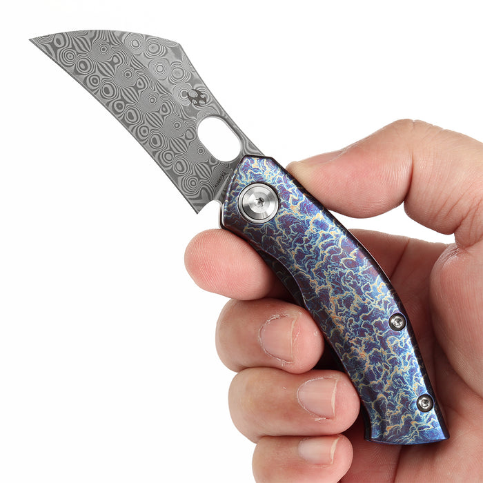 KANSEPT Osprey Thumb Hole Knife Lightning Strike Anodized Titanium Handle (2.23'' Damascus Blade) Jonathan Shaw Design - K2087A2