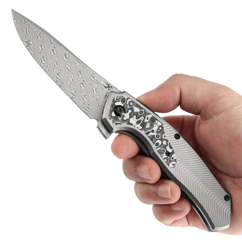 KANSEPT HAVØRN Flipper Titanium with Black and White Carbon Fiber Inlay Handle (3.48''Damascus Blade )Djinn Design -K1069A1