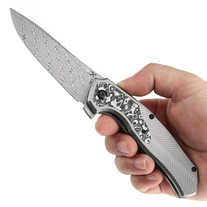 KANSEPT HAVØRN Flipper Titanium with Black and White Carbon Fiber Inlay Handle (3.48''Damascus Blade )Djinn Design -K1069A1