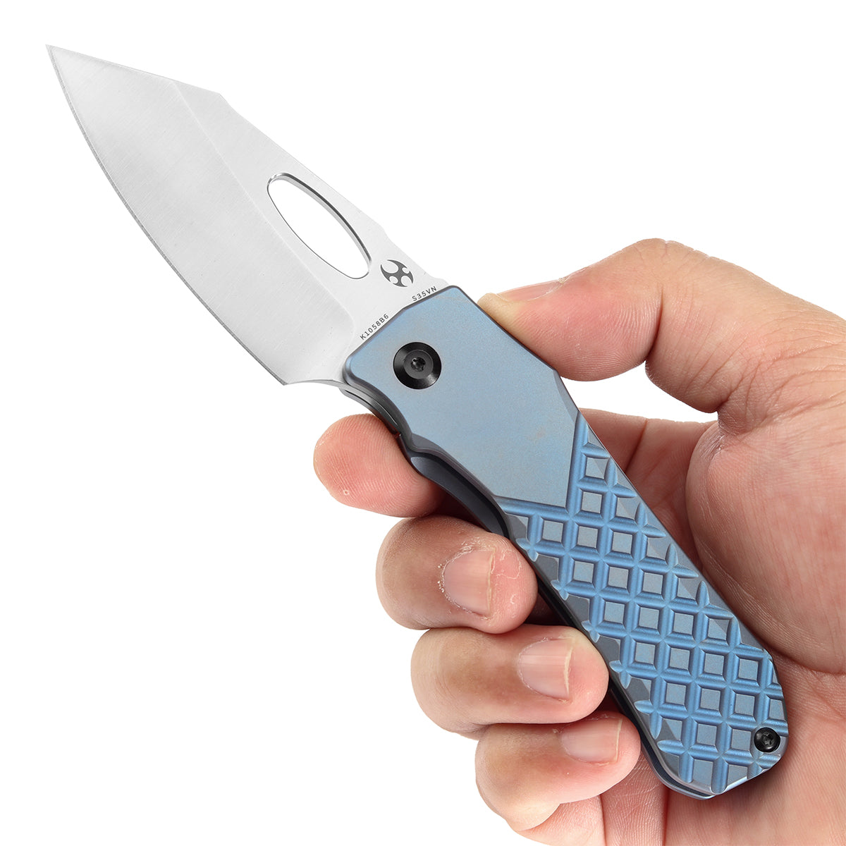 KANSEPT Loki Thumb Hole Knife Blue Anodized Titanium with Frag