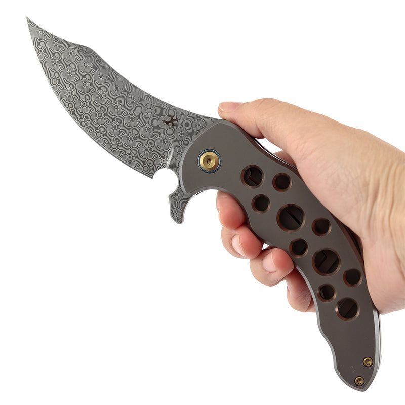 KANSEPT Gilgamesh Flipper Bronze Anodized Titanium with Holes Handle ( 3.75" Damascus Blade) Andreas Goltz Designed- K1128A5