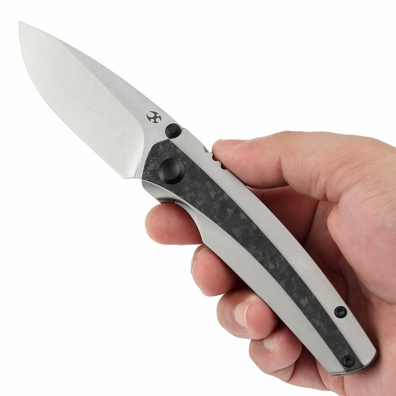 KANSEPT Thumb Stub Raven Bead Blasted Titanium with Shred Carbon Fiber Handle (3.13" CPM 20CV Blade) with Black Bird Blades Design-K2109A2