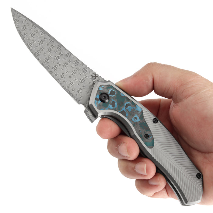 KANSEPT HAVØRN Flipper Titanium with Arctic Storm Fat Carbon Handle (3.48''Damascus Blade )Djinn Design -K1069A3