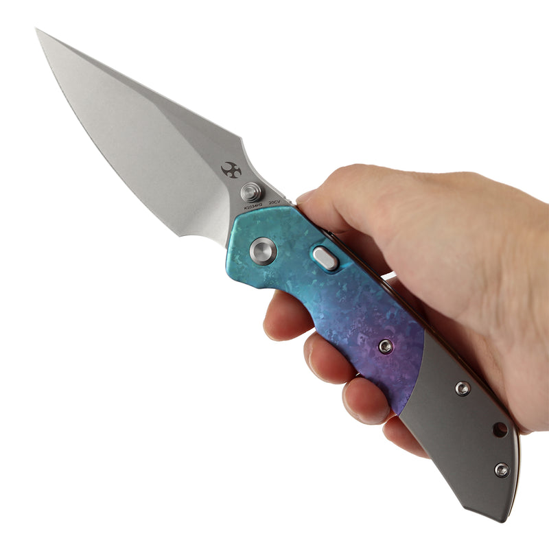KANSEPT | Fenrir Top Liner Lock | Crystallized Titanium & Stonewash Ti | 3.4" Stonewashed CPM 20CV | Sparrow Knife Design | K1034H2