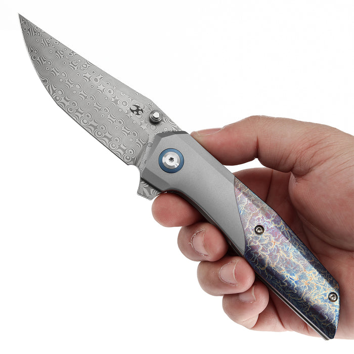 KANSEPT Deadite Thumb Stub Beadblasted Titanium & Titanium with Lightning Strike Finish Handle (3.52''Damascus Blade ) Tuffknives Designed - K1081A2