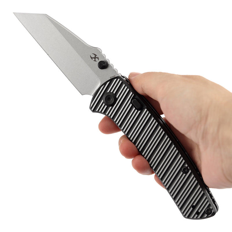 Kansept Main Street | Top Liner Lock | Black and Plain Aluminum with Stripes | 3.36" Elmax Blade | Pinkerton Knives Design |K1015H4