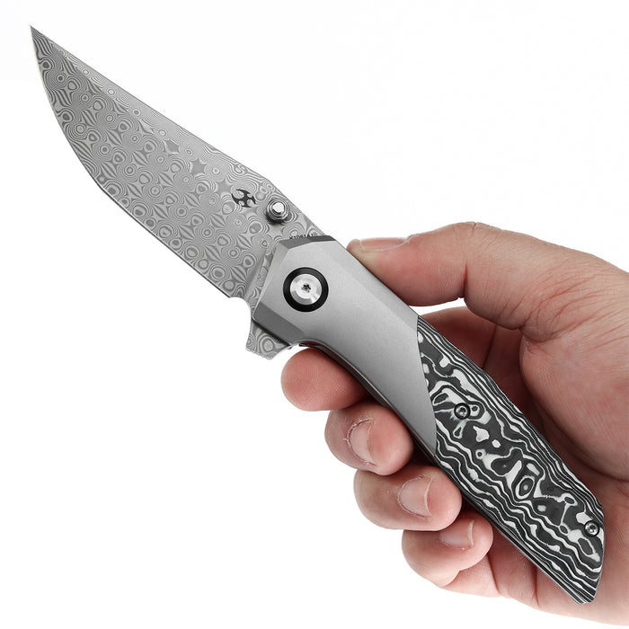 KANSEPT Deadite Thumb Stub Beadblasted Titanium + Black & White Carbon Fiber Handle(3.52'' Damascus Blade) TuffKnives Designed-K1081A1