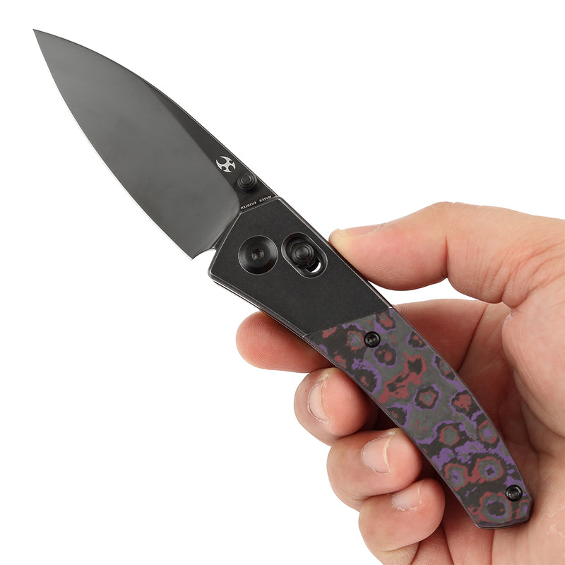 KANSEPT Dako Cross Bar Lock Blackwash Titanium with Purple Haze Fatcarbon Handle (3.19" Mirror DLC CPM S35VN Blade) with Eddy M Design-K1101V3