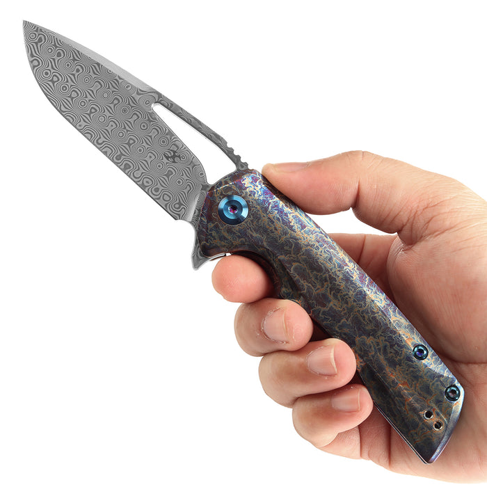 KANSEPT KRYO Thumb Hole Titanium with Lightning Strike Finish Handle (3.58" Damascus Blade) Kim Ning Design-K1001A6