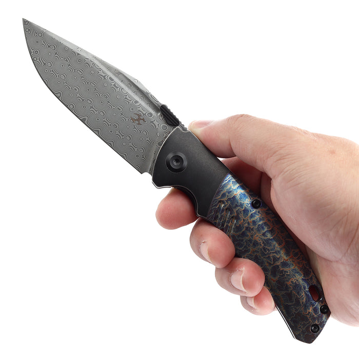 KANSEPT Hinterland Thumb Stub Blackwash Titanium and Lightning Strike Finished Titanium Inlay Handle (3.58" Damascus Blade) Morgan Koens Design-K1057A6