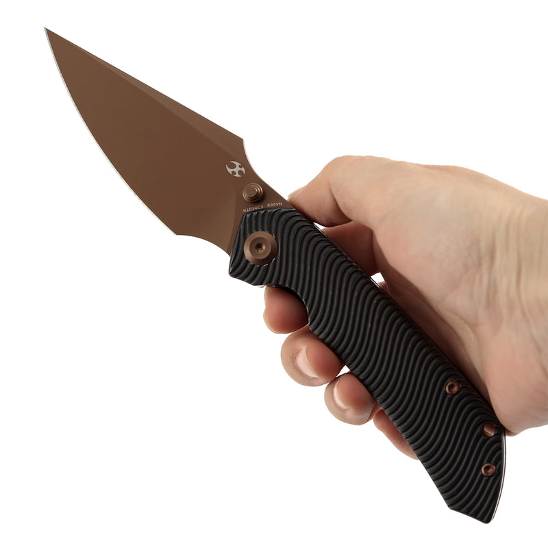 Kansept Fenrir  | Frame Lock | Blackwash Titanium with Micro Milled Water Ripple Texture | 3.48'' Rose Gold CPM S35VN Blade | Sparrow Knife Design | K1034C3