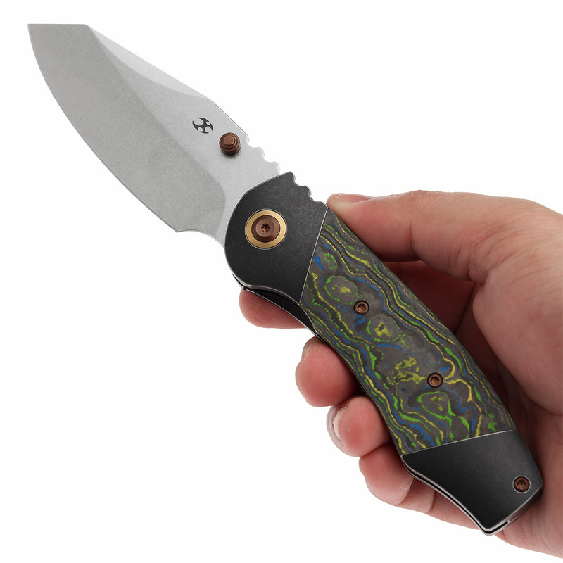 KANSEPT Caveman Thumb Stub Blackwash Titanium with Gecko CamoCarbon Handle (3.57" CPM 20CV Blade) with Jesse Pauley Design-K1110B1