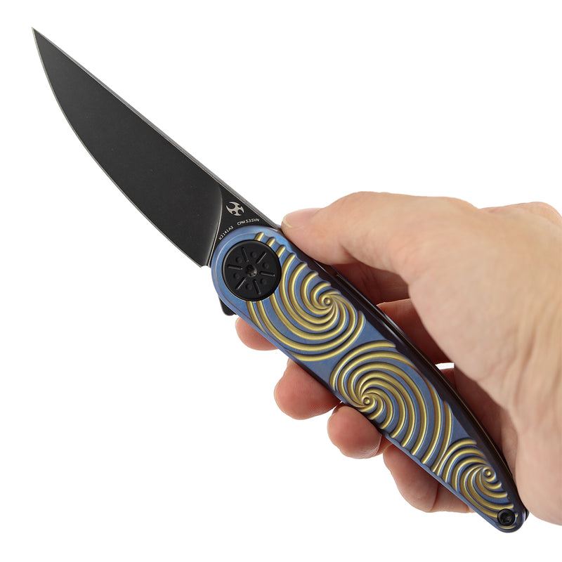 Symétrix | Frame Lock | Blue Anodized Titanium with Gold Swirl Pattern | 2.85" CPM S35VN | Alain André Design | K2141A3