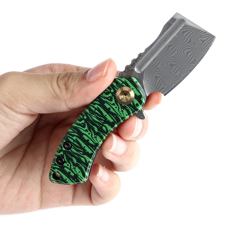 KANSEPT Mini Korvid Flipper Knife Jade G10 with Watermelon Peel Print Handle (1.45'' Damascus Blade) Koch Tools Design-K3030A12