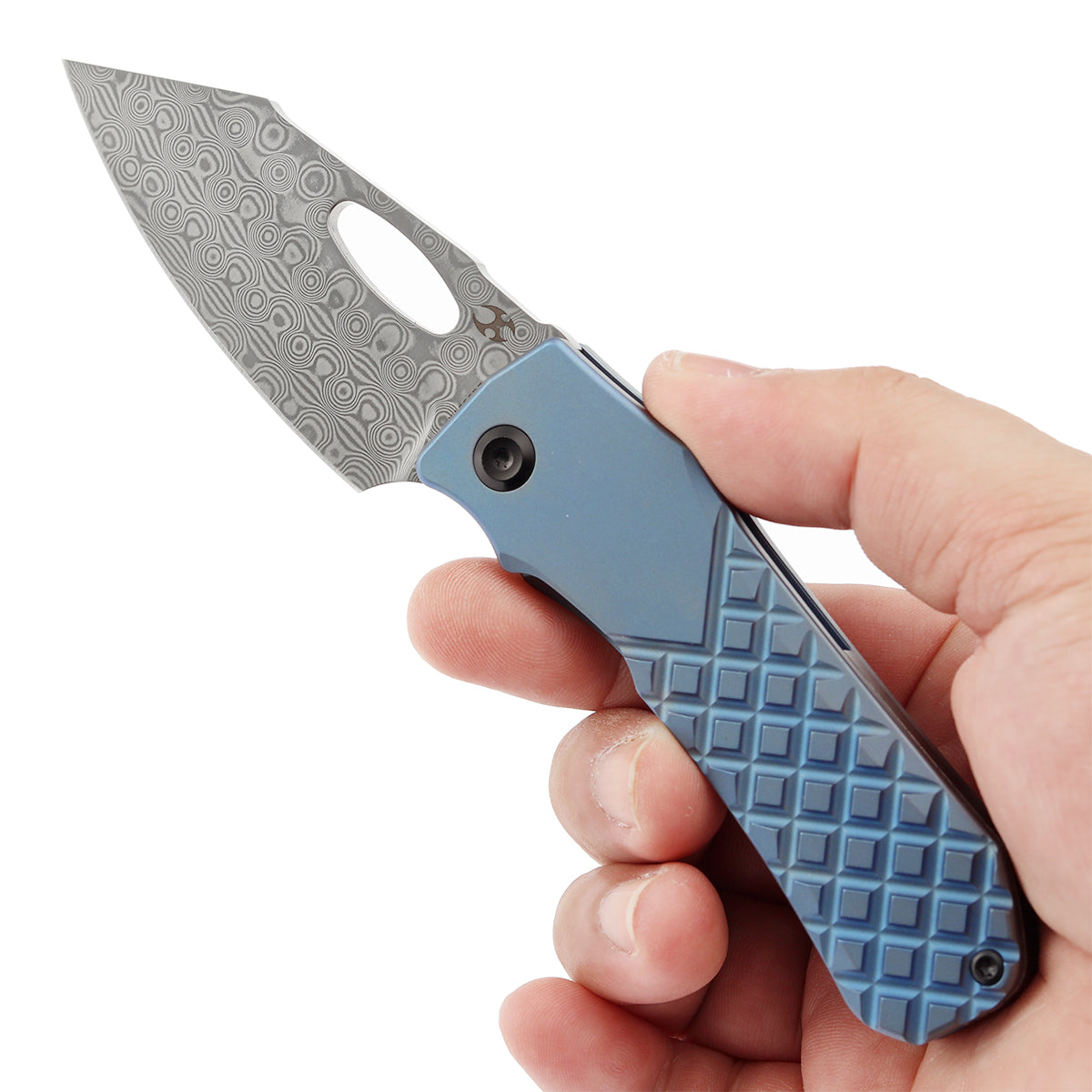 KANSEPT Loki Thumb Hole Knife Blue Anodized Titanium with Frag
