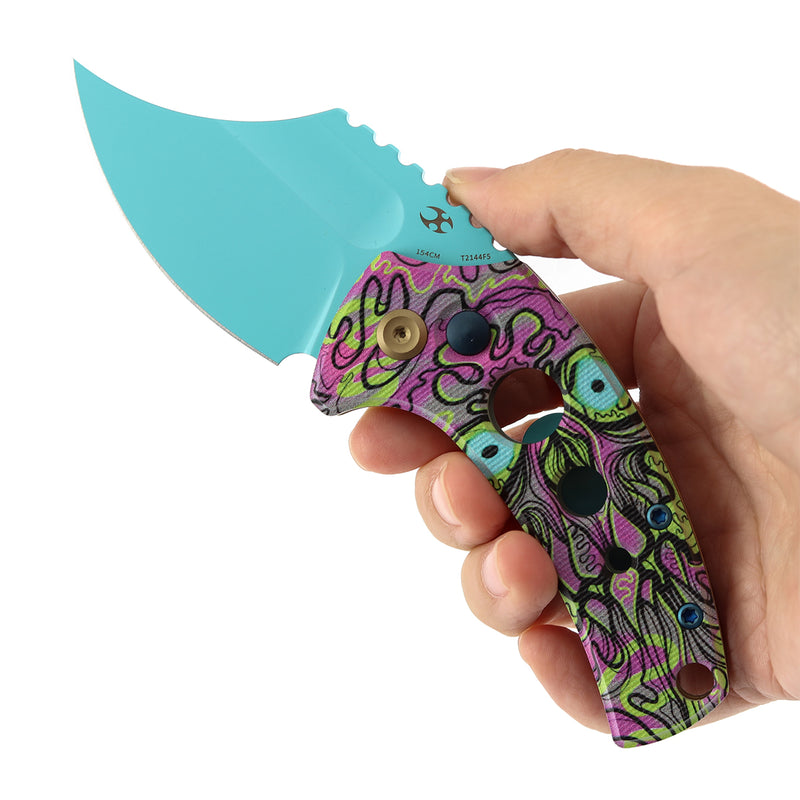 Kansept Wasp | Button Lock | Jade G10 with Purple Undead Print with Holes | 2.36" Light Blue Coating 154CM Blade | Koch Tools Design | T2144F5