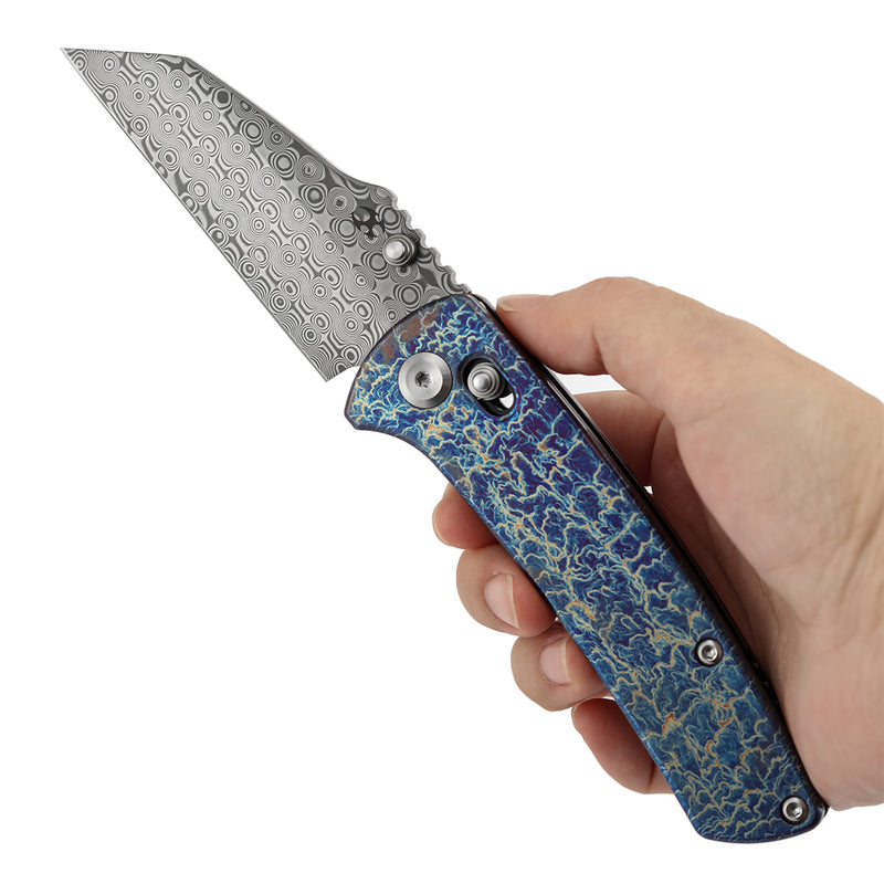 Kansept Main Street | Crossbar Lock | Titanium  with Lightning Strike Finish | 3.36" Damascus Blade | Pinkerton Knives | K1015V6