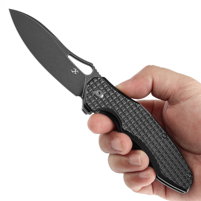 KANSEPT Echis Thumb Hole Blackwash Titanium with Frag Pattern Handle (3.45''CPM S35VN Blade ) Djinn Design -K1071A5