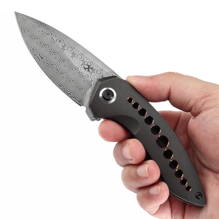 KANSEPT ODD 21 Front Flipper Blackwash Titanium with Bronze Anodized Holes Handle (3.08'' Damascus Blade) Tuffknives Design -K1077A3