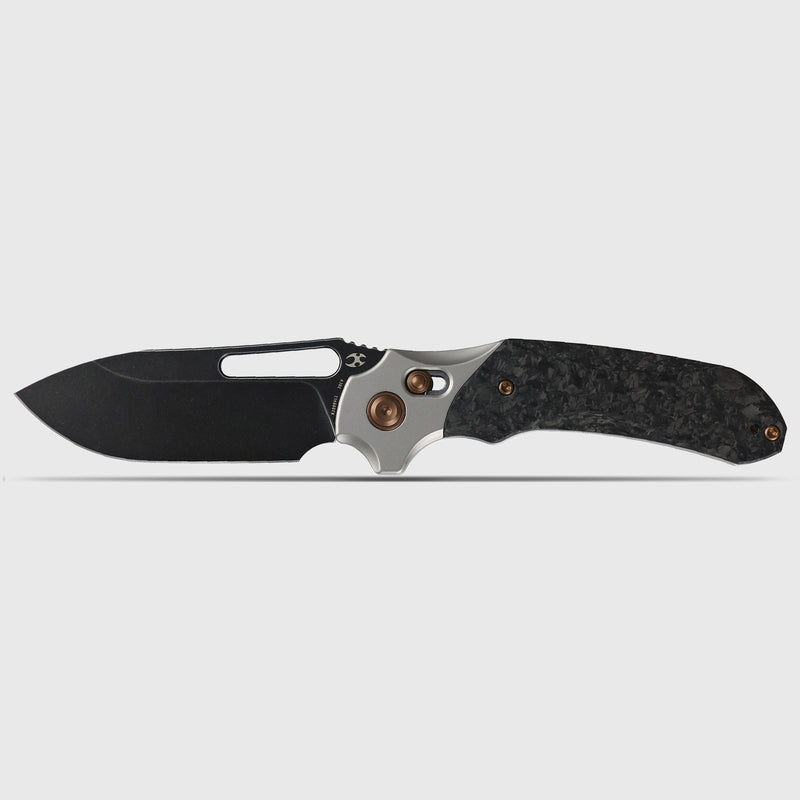 Quasar | Cross Bar Lock | Stonewashed Titanium & Shred Carbon Fiber | 3.38" CPM 20CV | Munko Knives | K1099V11